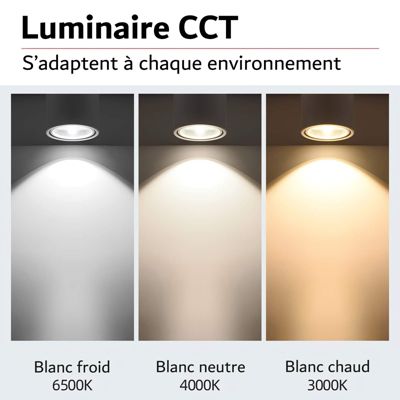 Spot LED en Saillie Orientable 20W CCT(3000K - 4000K - 6500K), rotatif à 360 degrés - Noir