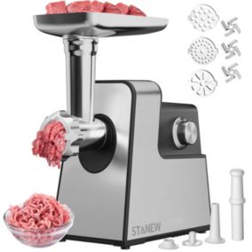 STANEW Hachoir à viande électrique, 4 en 1, avec 3 plaques de broyage en acier inoxydable (4 mm, 8 mm, ventilateur) et 3 lames,