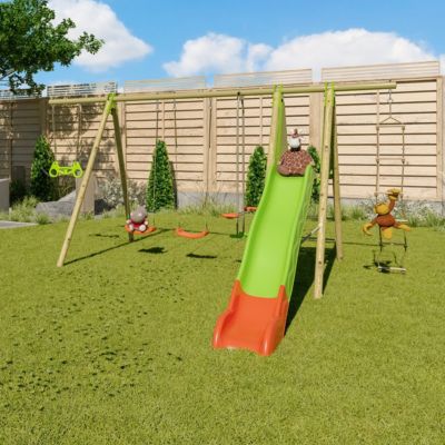 Station de jeux bois poutre métal TECHWOOD MAKUTA 2,30 m + toboggan 8 enfants