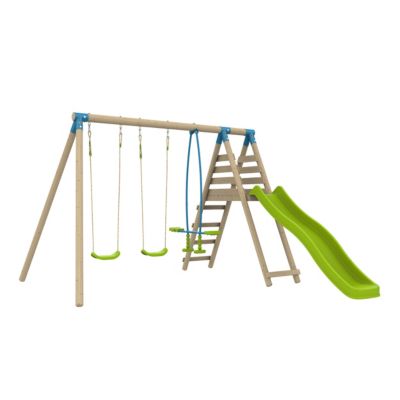 Station de jeux en bois Ceyreste Barbouzet TP Toys 2 balançoires + 1 vis-à-vis + toboggan L.342 x l.342 x H.224 cm