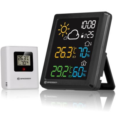 Station météo Bresser avec capteur extérieur, écran couleur, prévisions, thermomètre, hygromètre, réveil, signal horaire DCF