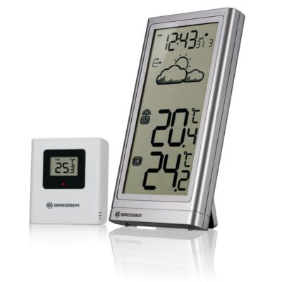 Station météo Bresser avec capteur extérieur, température intérieure & extérieure, tendance météo, alerte gel, horloge radio, gran