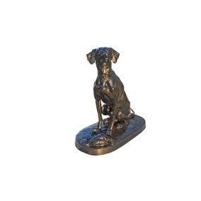 Statue en fonte, chien à la bécasse vieux bronze, Dommartin