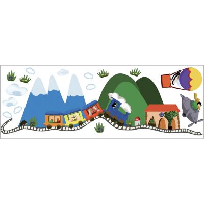 Sticker Autocollant Décoratif 68 cm X 24 cm - Illustration Mandchouri avec Petit Train, Avion, Mongolfière et Animaux de la Ferme.