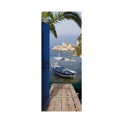 Sticker Décoratif Porte Vue Sur Mer - Trompe-l'œil Grotte 77x200 Cm - Autocollant Mural Amovible Pour Salon Chambre