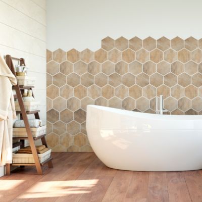 Sticker Mural Carrelage adhésif Cuisine Salle de Bain - CARRELAGES HEXAGONES BOIS PATINÉ - 28stickershexagones15x13,5cm
