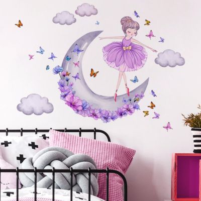 Sticker mural fille de ballet papillon lune nuage violet sticker mural sticker mural