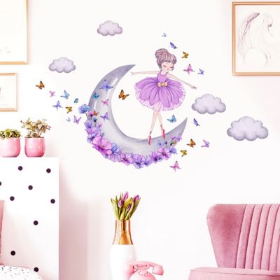 Sticker mural fille de ballet papillon lune nuage violet sticker mural sticker mural