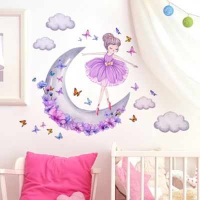 Sticker mural fille de ballet papillon lune nuage violet sticker mural sticker mural