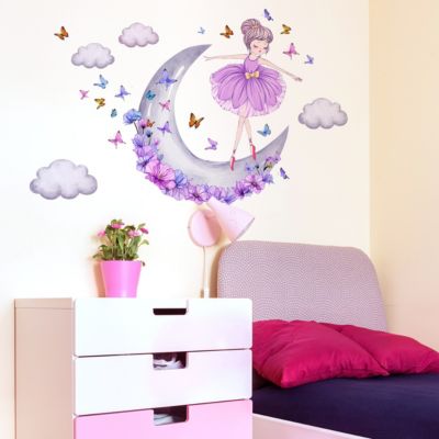 Sticker mural fille de ballet papillon lune nuage violet sticker mural sticker mural
