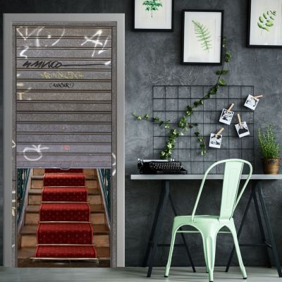 Sticker mural trompe l'oeil 204 cm X 83 cm, escalier en pierre et tapis rouge, décoration murale décorative.