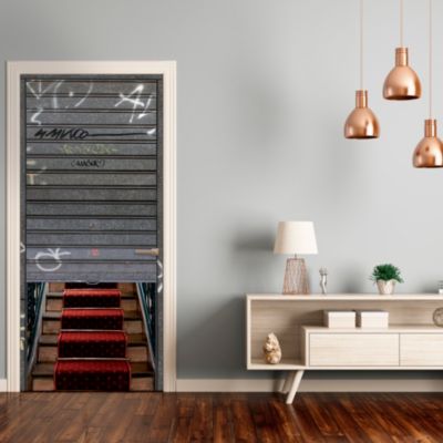 Sticker mural trompe l'oeil 204 cm X 83 cm, escalier en pierre et tapis rouge, décoration murale décorative.