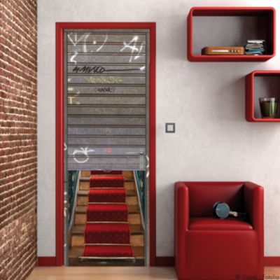 Sticker mural trompe l'oeil 204 cm X 83 cm, escalier en pierre et tapis rouge, décoration murale décorative.