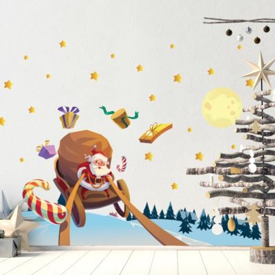 Sticker Noël le père noël à la recherche des cadeaux - Autocollants stickers adhésifs noël - décoration fêtes - 70x105cm
