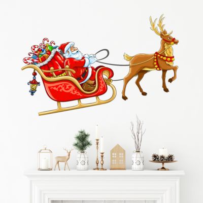 Sticker Noël le Père Noël sur son traineau - Autocollants stickers adhésifs noël - décoration fêtes - 90x180cm