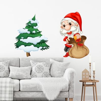 Sticker Noël le petit Père Noël et son sapin - Autocollants stickers adhésifs noël - décoration fêtes - 30x45cm