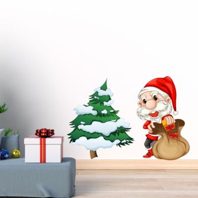 Sticker Noël le petit Père Noël et son sapin - Autocollants stickers adhésifs noël - décoration fêtes - 30x45cm