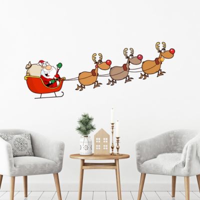 Sticker Noël Père Noël joyeux et ses rennes - Autocollants stickers adhésifs noël - décoration fêtes - 70X185cm