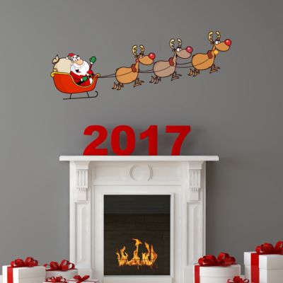 Sticker Noël Père Noël joyeux et ses rennes - Autocollants stickers adhésifs noël - décoration fêtes - 70X185cm