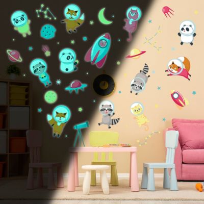 Sticker phosphorescent lumineux - ANIMAUX ASTRONAUTES DANS L'ESPACE - Autocollant mural plafond enfant fluorescent - 40x30cm