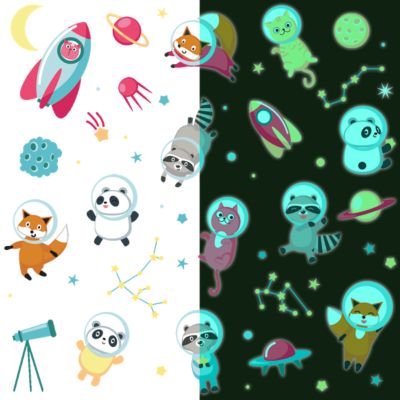 Sticker phosphorescent lumineux - ANIMAUX ASTRONAUTES DANS L'ESPACE - Autocollant mural plafond enfant fluorescent - 40x30cm