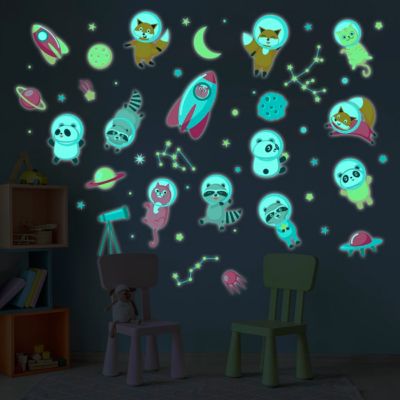 Sticker phosphorescent lumineux - ANIMAUX ASTRONAUTES DANS L'ESPACE - Autocollant mural plafond enfant fluorescent - 40x30cm