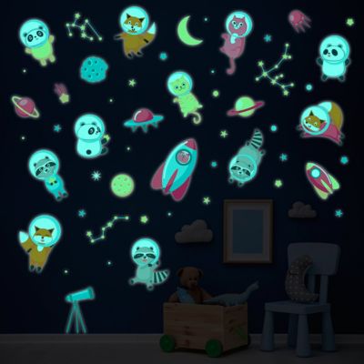 Sticker phosphorescent lumineux - ANIMAUX ASTRONAUTES DANS L'ESPACE - Autocollant mural plafond enfant fluorescent - 40x30cm