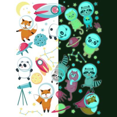 Sticker phosphorescent lumineux - ANIMAUX ASTRONAUTES DANS L'ESPACE - Autocollant mural plafond enfant fluorescent - 40x30cm