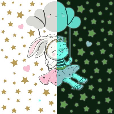 Sticker phosphorescent lumineux - LAPINE SUR LE NUAGE BALANÇOIRE - Autocollant mural plafond enfant fluorescent - 90x60cm