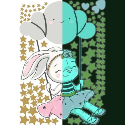 Sticker phosphorescent lumineux - LAPINE SUR LE NUAGE BALANÇOIRE - Autocollant mural plafond enfant fluorescent - 90x60cm