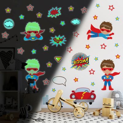 Sticker phosphorescent lumineux - SUPER-HÉROS - Autocollant mural plafond enfant fluorescent - 50x50cm