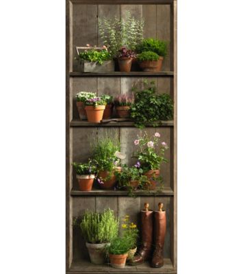 Sticker porte, trompe l'oeil vintage étagère champêtre, pots de fleurs et plantes, 204 cm X 60 cm