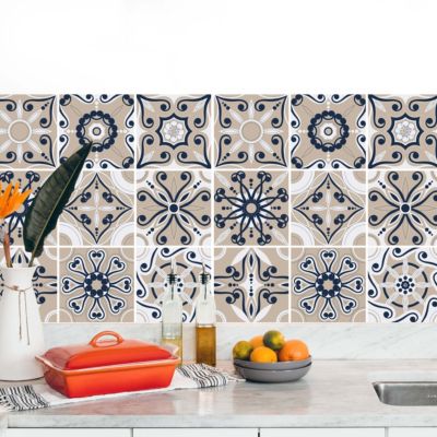 Autocollants Carrelage Aztèque Moutarde - Planche De 12 Stickers 15x15cm Effet Carreaux De Ciment Pour Cuisine, Salle De Bain Et Meubles