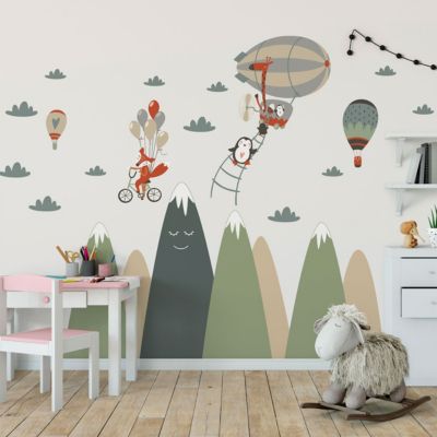 Stickers enfant montagnes scandinaves animaux acrobates 60 x 90 cm