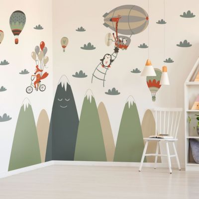 Stickers enfant montagnes scandinaves animaux acrobates 60 x 90 cm
