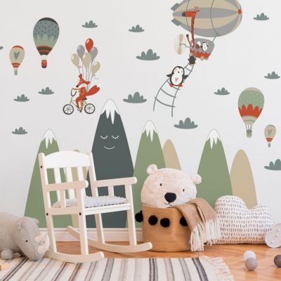 Stickers enfant montagnes scandinaves animaux acrobates 60 x 90 cm
