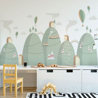 Stickers montagnes scandinaves montgolfières dans la ville 120 x 180 cm