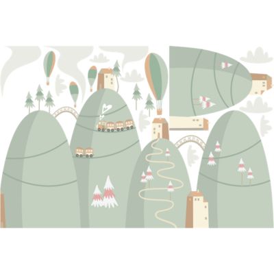 Stickers montagnes scandinaves montgolfières dans la ville 120 x 180 cm