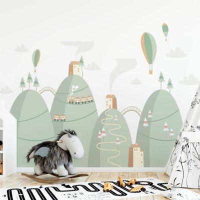 Stickers montagnes scandinaves montgolfières dans la ville 120 x 180 cm