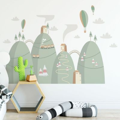 Stickers montagnes scandinaves montgolfières dans la ville 120 x 180 cm