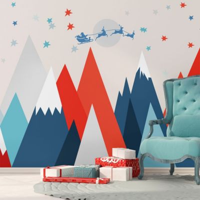 Stickers montagnes scandinaves rennes et père Noël 80 x 120 cm
