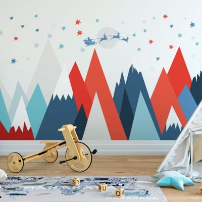 Stickers montagnes scandinaves rennes et père Noël 80 x 120 cm