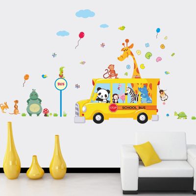 Stickers Muraux décoration adhésifs bus et animaux rigolos