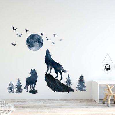 Stickers Muraux Loup Lune Autocollants Muraux Mural Stickers Loup de Minuit Oiseaux pour Chambre Salon Bébé Pépinière