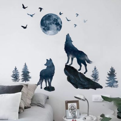 Stickers Muraux Loup Lune Autocollants Muraux Mural Stickers Loup de Minuit Oiseaux pour Chambre Salon Bébé Pépinière