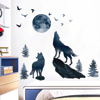 Stickers Muraux Loup Lune Autocollants Muraux Mural Stickers Loup de Minuit Oiseaux pour Chambre Salon Bébé Pépinière