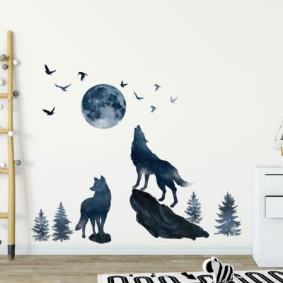 Stickers Muraux Loup Lune Autocollants Muraux Mural Stickers Loup de Minuit Oiseaux pour Chambre Salon Bébé Pépinière