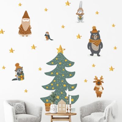 Stickers Noël scandinave au pied du sapin - Autocollants stickers adhésifs noël - décoration fêtes - 60x40cm