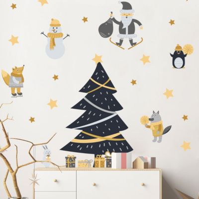 Stickers Noël scandinave sous les étoiles - Autocollants stickers adhésifs noël - décoration fêtes - 75x50cm