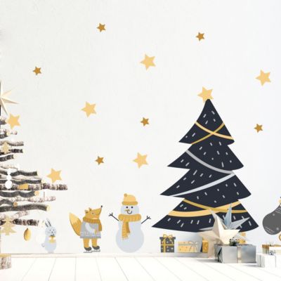 Stickers Noël scandinave sous les étoiles - Autocollants stickers adhésifs noël - décoration fêtes - 75x50cm